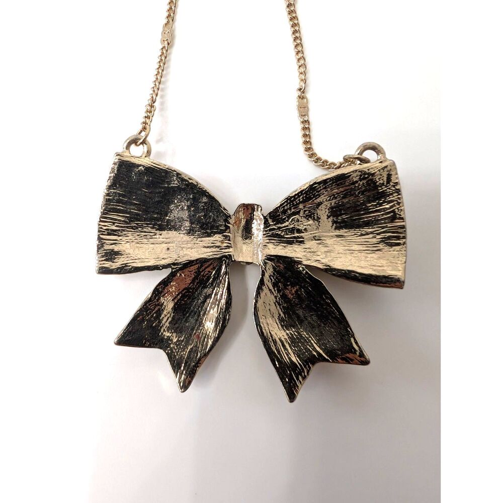 Vintage Delicate Gold & Rhinestone Crystal Bow Necklace - Picture 3 of 9